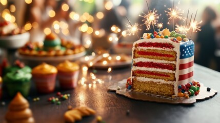 Festive american flag themed cake with a bright flag on top for a joyous celebration of patriotism and fun