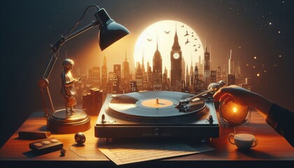 old vinyl record player on white background created with generative AI software.