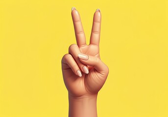 Naklejka premium Hand making a peace sign against a bright yellow background
