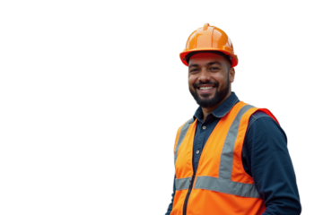 Construction worker smiling in safety gear with hard hat and reflective vest on site