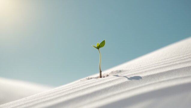 Resilience of a tiny sprout emerging from pristine white sand dune