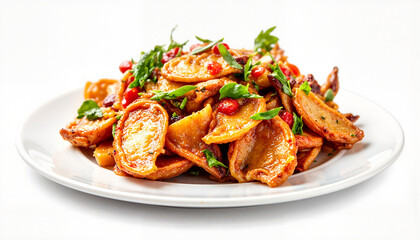 Freshly plated Harira with vibrant toppings on white background, culinary art