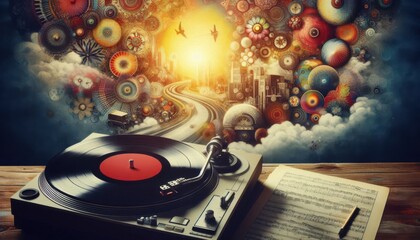 old vinyl record player on white background created with generative AI software.