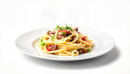 Elegant pasta dish presented on white plate, culinary artistry