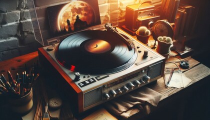 old vinyl record player on white background created with generative AI software.