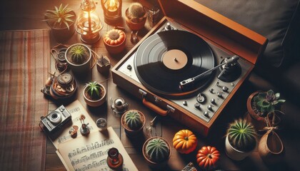 old vinyl record player on white background created with generative AI software.