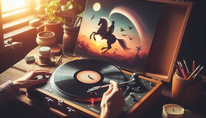 old vinyl record player on white background created with generative AI software.