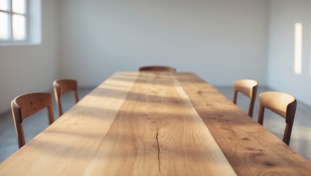 A large wooden table is shown in a dining area.