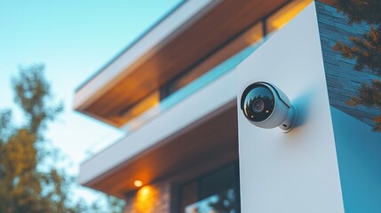 A security camera installed outside modern architecture for protection
