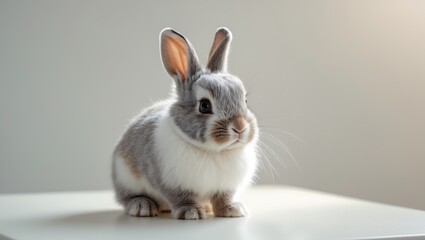 Obraz premium A baby rabbit is sitting on a white surface