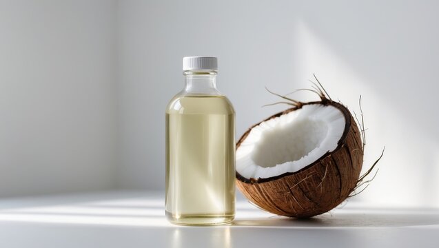 Coconut Oil in a Bottle with Fresh Coconut