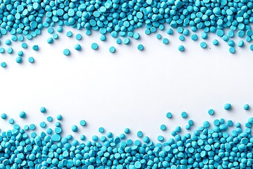 Blue polymer pellets frame, white background (1)