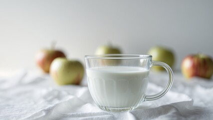 Glass Mug of Milk with Apples in Background.