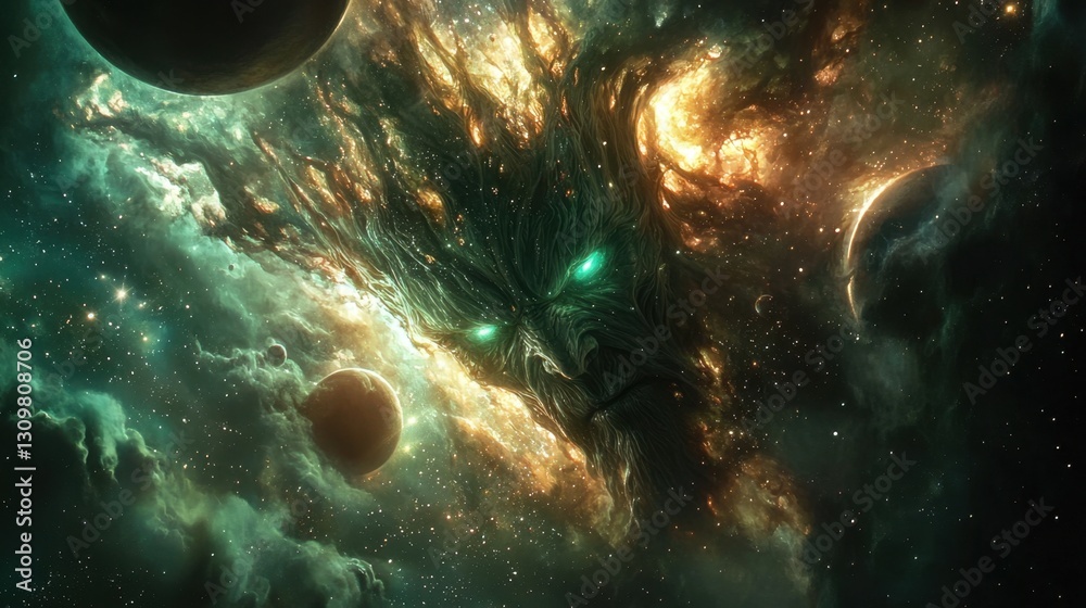 Canvas Prints a large green tree with a face on it is surrounded by planets