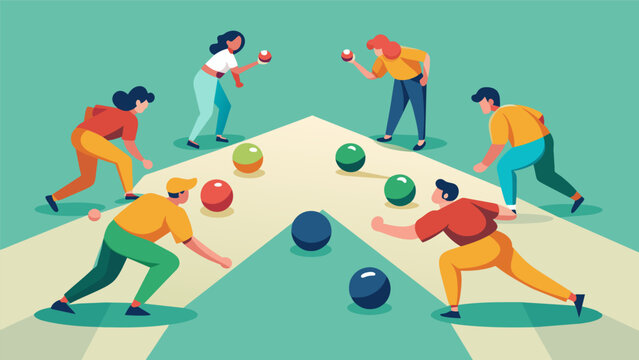 A bocce game nearing its end with both teams fiercely competing and using all their strategic skills to outplay the other.. Vector illustration