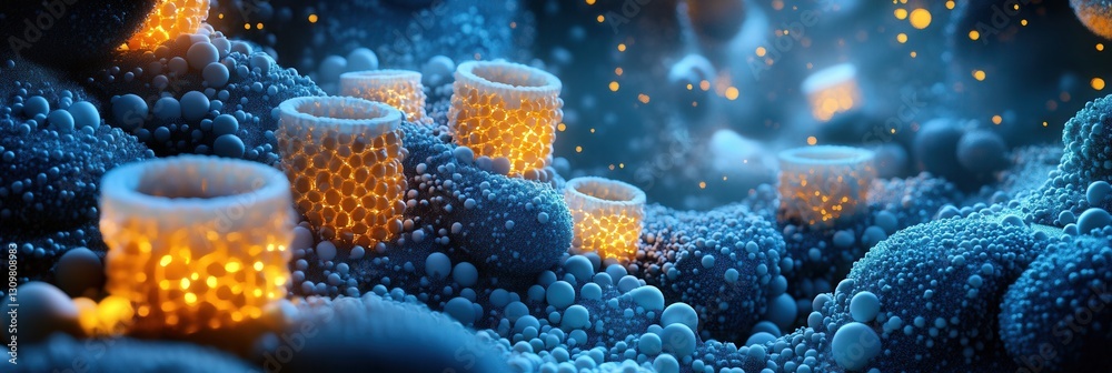 Poster surreal medical landscape features pill structures illuminated by dreamlike lighting in a high detai