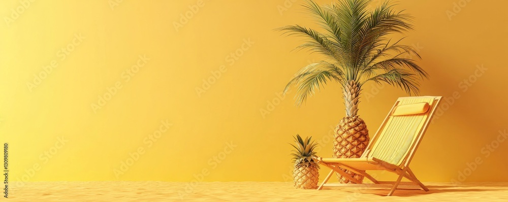 Canvas Prints 3d render, summer background with palm tree and beach chair in a pineapple shape on a yellow color b