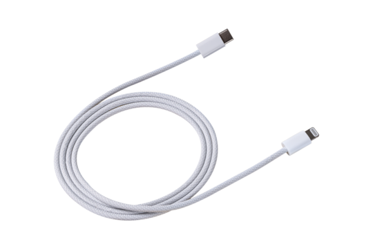 USB Type C to Lightning cable isolated on transparent background.