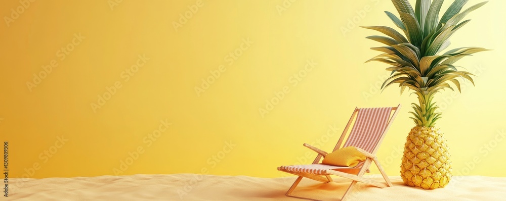 Canvas Prints 3d render, summer background with palm tree and beach chair in a pineapple shape on a yellow color b