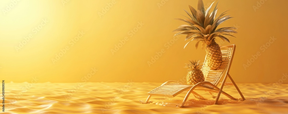 Sticker 3d render, summer background with palm tree and beach chair in a pineapple shape on a yellow color b