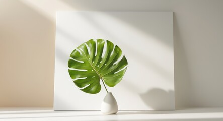 Blank canvas with tropical leaf in vase on neutral background