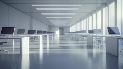 Modern office, long room, workstations, sunlight, city view, business