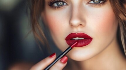 Professional woman applying red lipstick