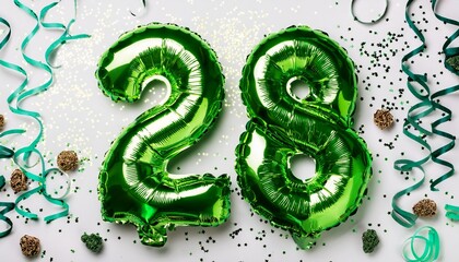 Green balloon number 28 for twenty-eighth birthday or anniversary party. White background with confetti