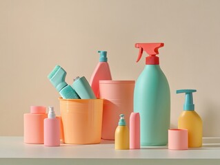 Colorful cleaning and personal care products displayed on a white surface