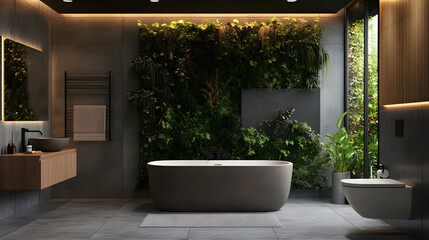 A modern bathroom with an indoor vertical garden wall
