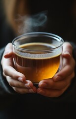 Woman with steaming cup of tea or coffee