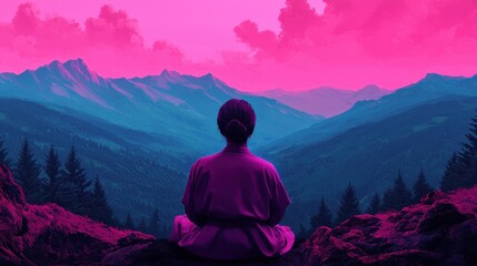 Fototapeta premium Serene Meditation at Dawn Surrounded by Majestic Mountain Landscape
