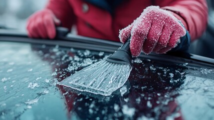 Woman removing ice from car windshield