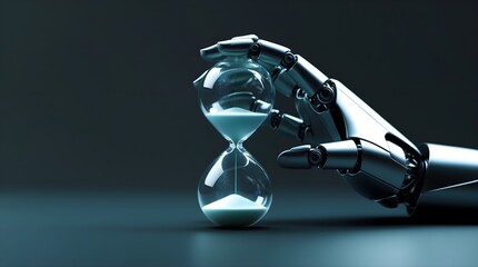 a robot hand is holding a hourglass, space for copy