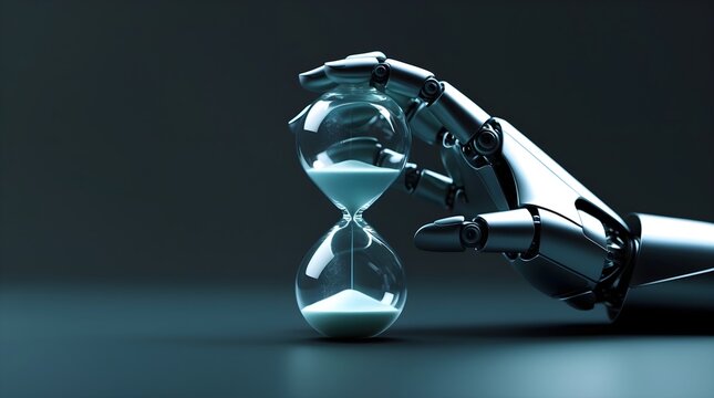 a robot hand is holding a hourglass, space for copy