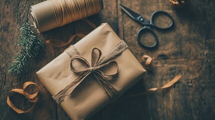 Elegant wrapped gift with ribbon and scissors