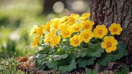 Yellow Primroses Next to Tree Trunks in Sunlight