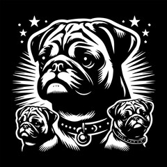 Pug's head is a black and white logo. EPS vector graphics.