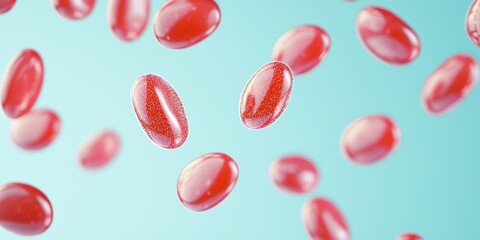 Floating raspberry-flavored jellybeans with sugar coating on a pale sky blue background