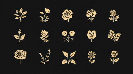 Golden floral icons; garden design; dark background; website, app