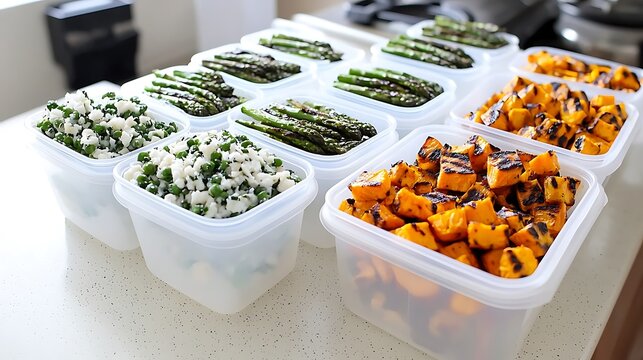 Meal prep mastery healthy cooking kitchen food storage organized environment top-down view nutrition tips