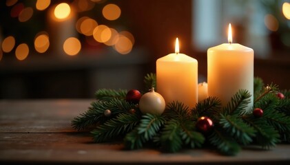 candles on a festive holiday table with evergreen branches, cozy atmosphere, soft focus