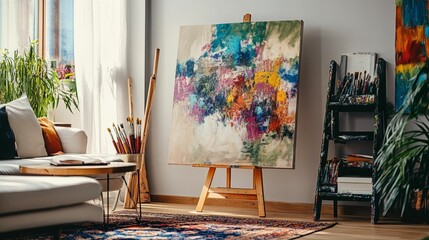 Colorful abstract artwork in a bright studio.