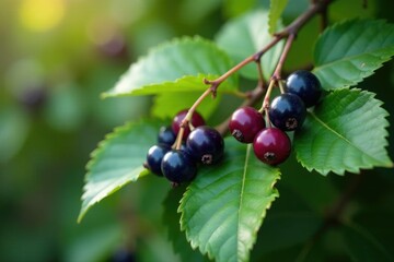 Dark purple berries on Ligustrum vulgare leaves, deciduous, greenery, autumn