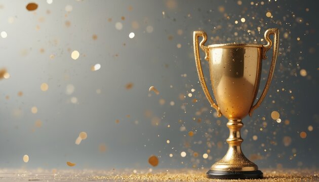 Minimalist design gold winner cup against plain gray background, burst shimmering confetti, glitter. Understated elegance, achievement. Trophy, success, celebration, victory, award, champion, glory.