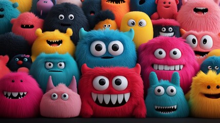 Fototapeta premium Bright, happy, stylish, cool unpredictable colorful monsters in funny situations.