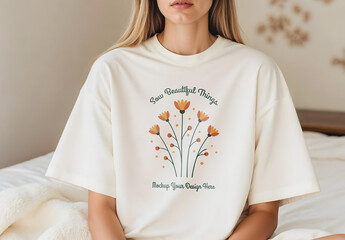 Oversized T-Shirt Mockup of a Woman on a Cozy and Minimalist Environment