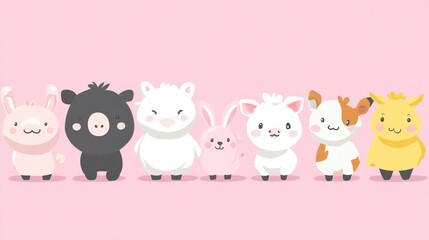 Naklejka premium Cartoon Animals Standing Together in a Line Against Pink Background