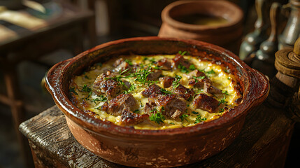 Beautifully Arranged Casserole with Tav and Kosi Served in Rustic Earthenware Dish