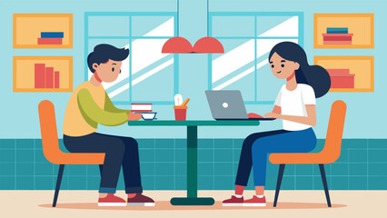 Two students sitting in a campus cafe one asking the other for advice on how to balance paying for tuition and running their fledgling small business.. Vector illustration